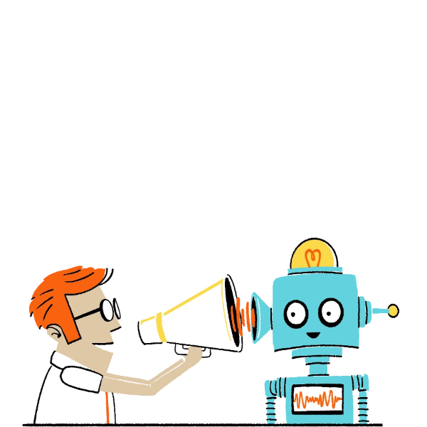 Ilustración de un tipo hablando por un megáfono a un robot